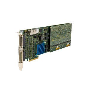 PCIe expansion card with a blue heatsink and dual-port bracket, viewed at an angle