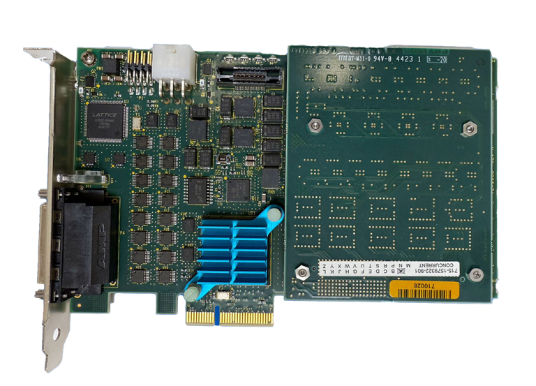 Internal PCI expansion card with blue heatsink, green PCB, and I/O bracket on the left edge.