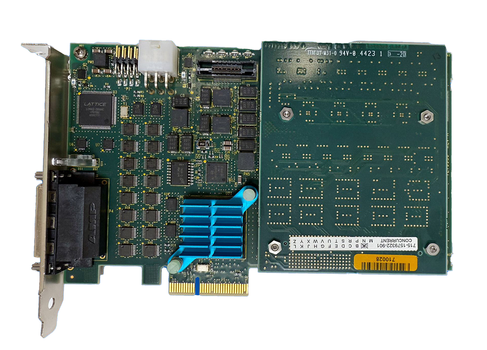 Internal PCI expansion card with blue heatsink, green PCB, and I/O bracket on the left edge.